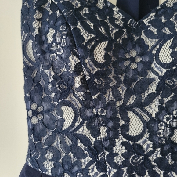 Pleated Cap Sleeved Blue White Lace Tulle Midi Cocktail Dress Size 4 - Picture 5 of 12